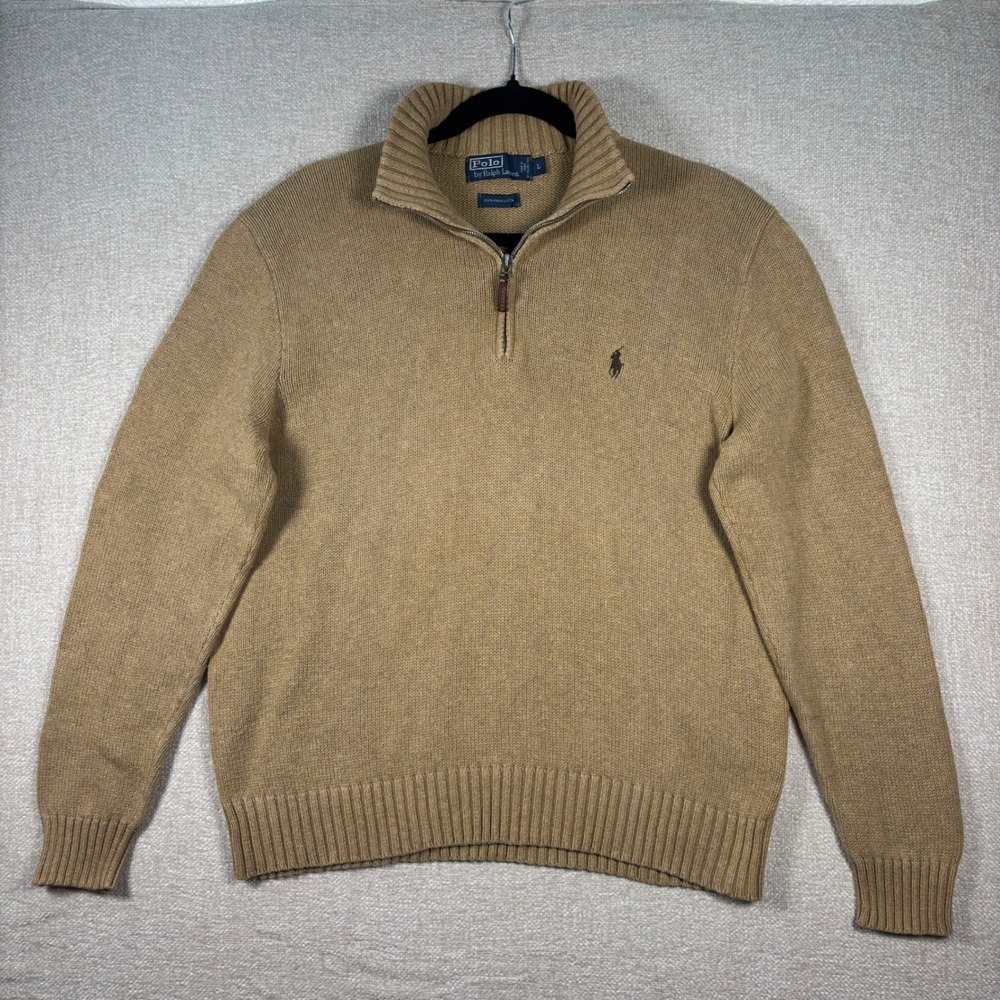 Vintage Polo Ralph Lauren Tan Pima Cotton Quarter Zip Sweater M Large Pony Logo